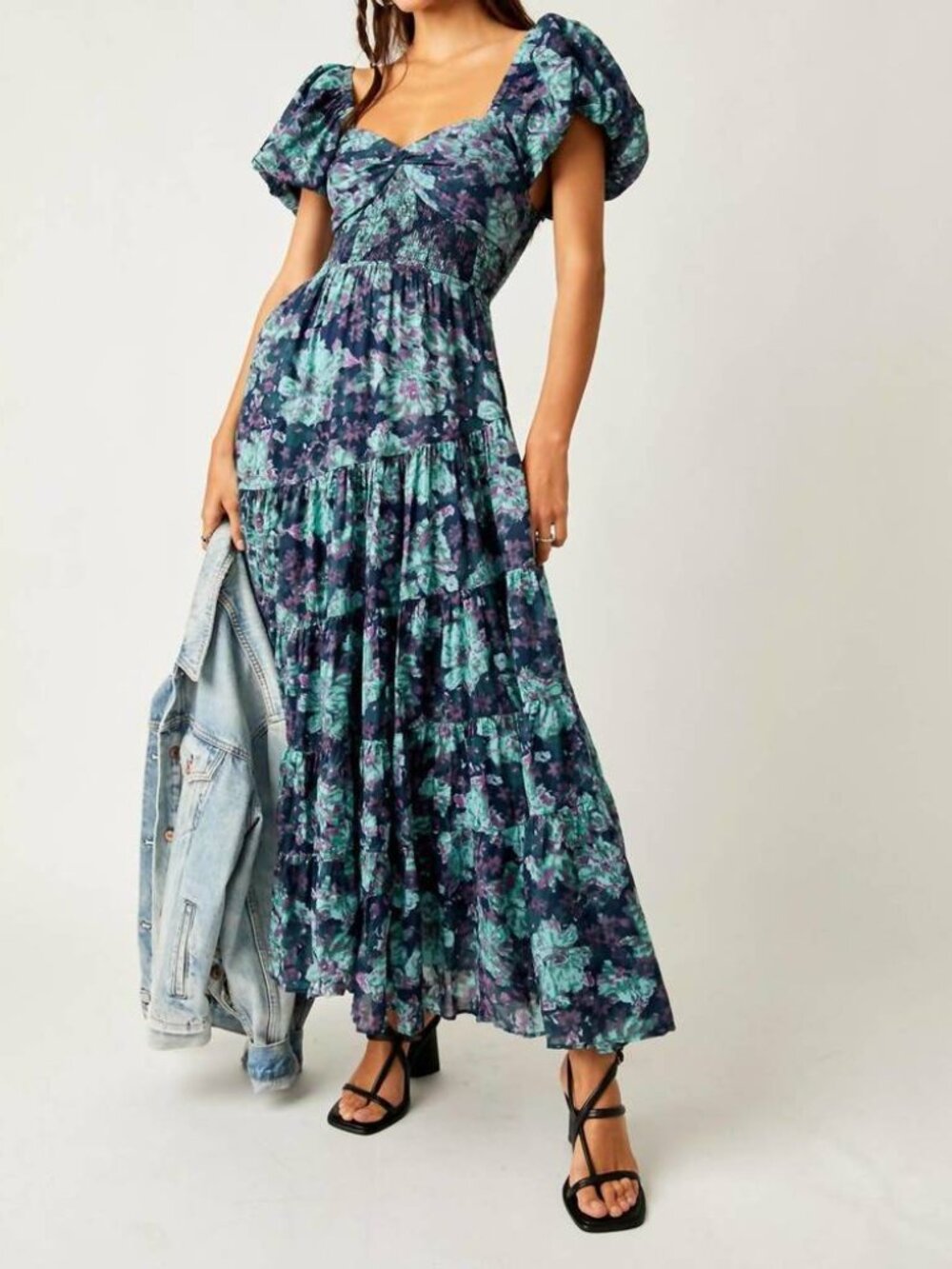 Free People Sundrenched Short Sleeve Maxi Dress in Emerald Combo Size Large